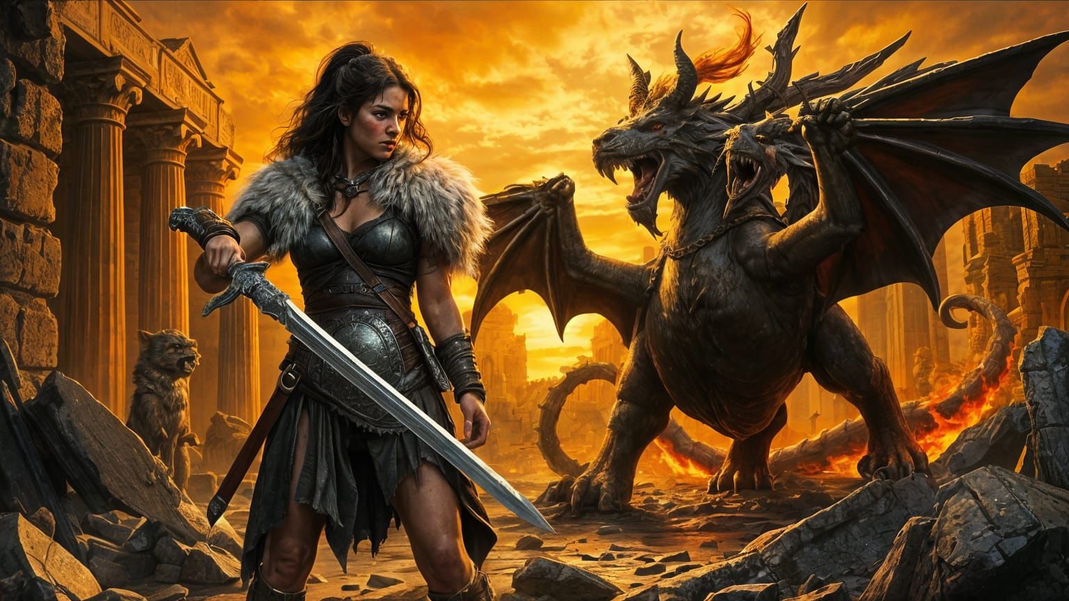 Heroic Barbarian Battles Chimera in Old Master Style