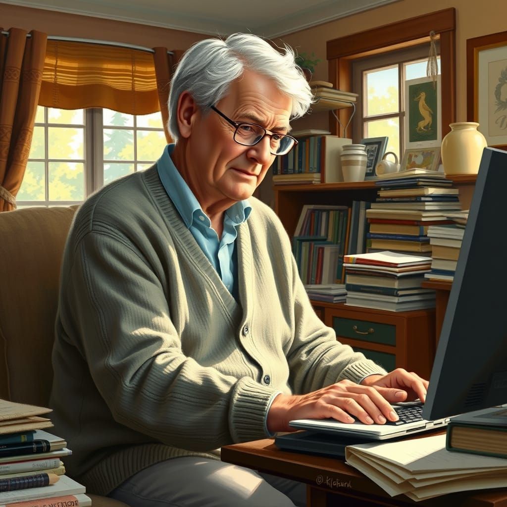 Senior Man Typing at Computer, Impressionist Style