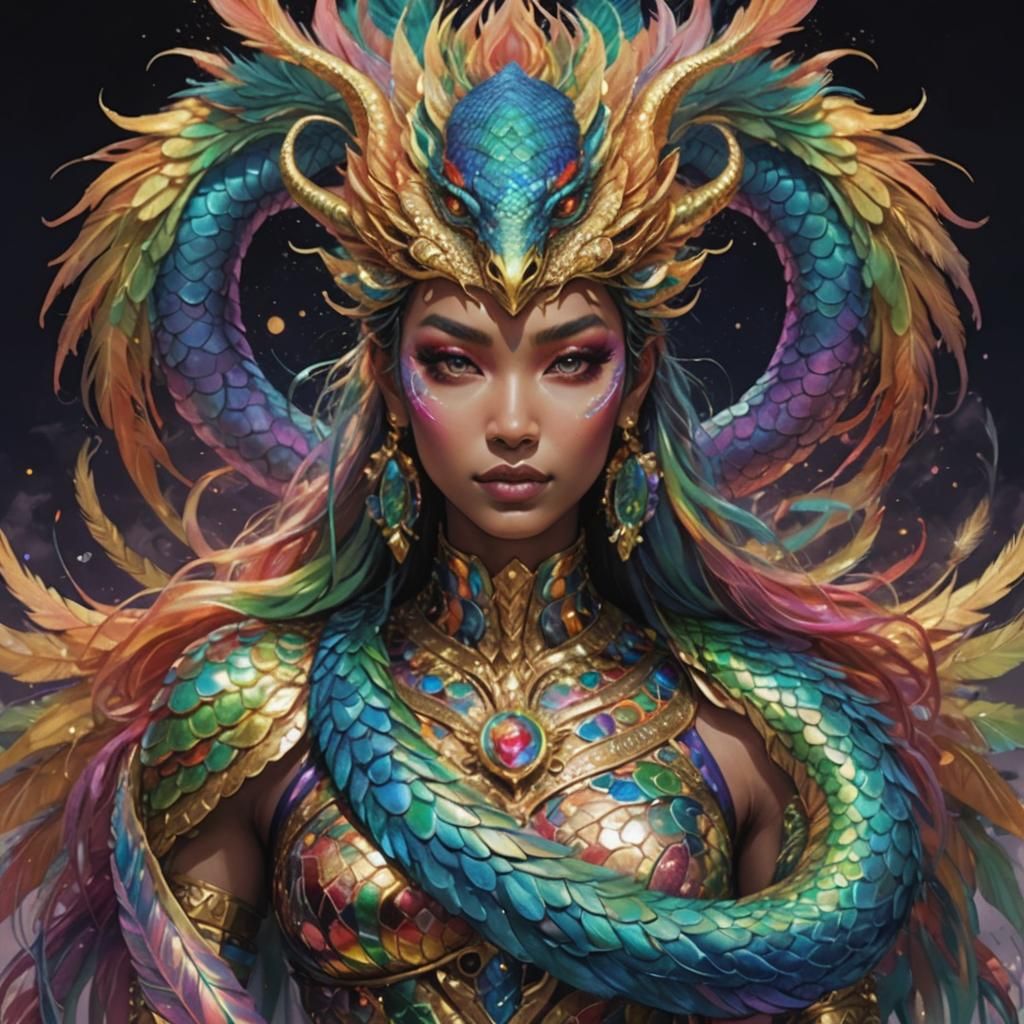 Woman with Dragon Form and Peacock Feathers in Comic Art
