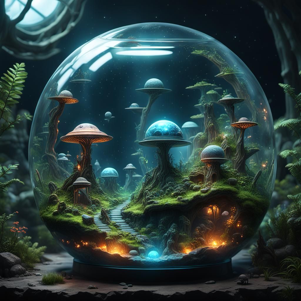 Miniature Extraterrestrial World in Terrarium: Detailed Matt...