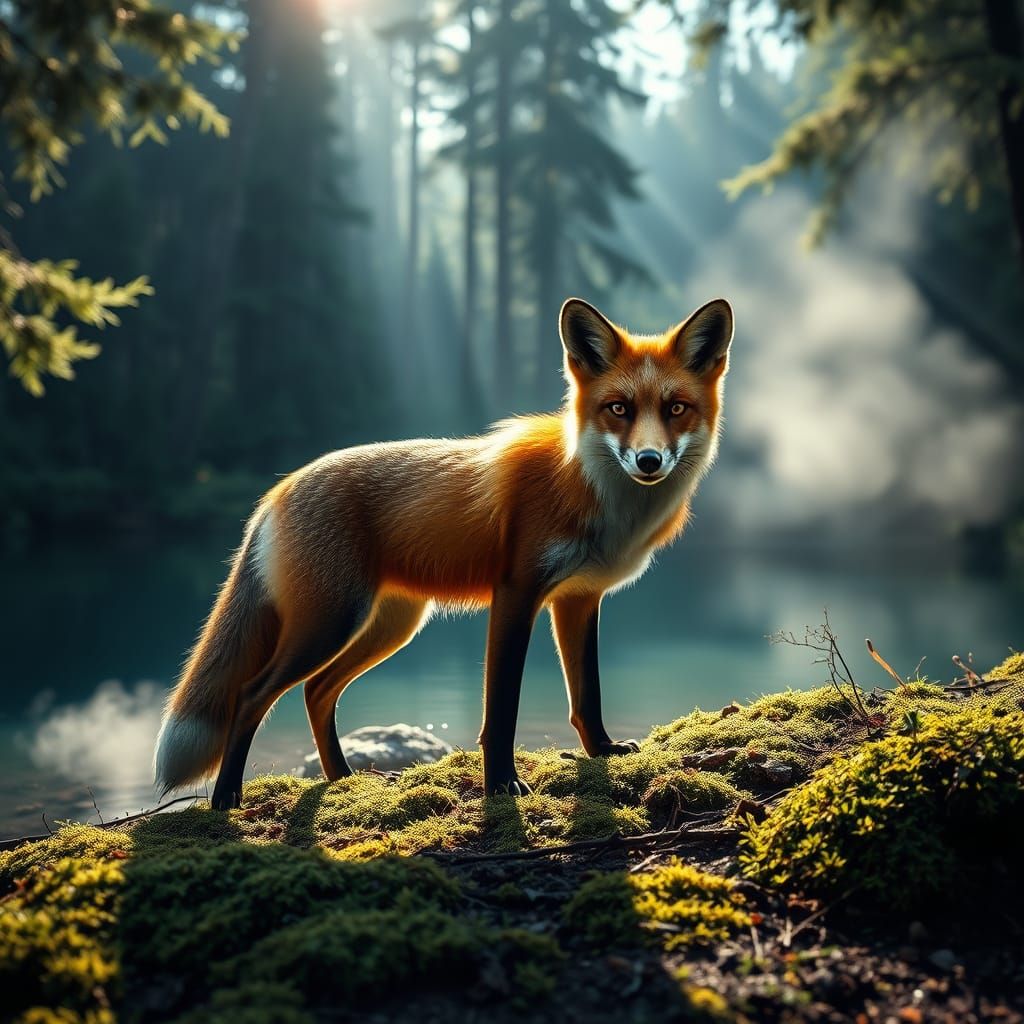 Alert Red Fox by Tranquil Lake in Sunlit Forest