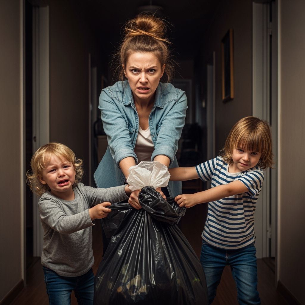 Exhausted Mother Struggles with Kids, Cinematic Portrait