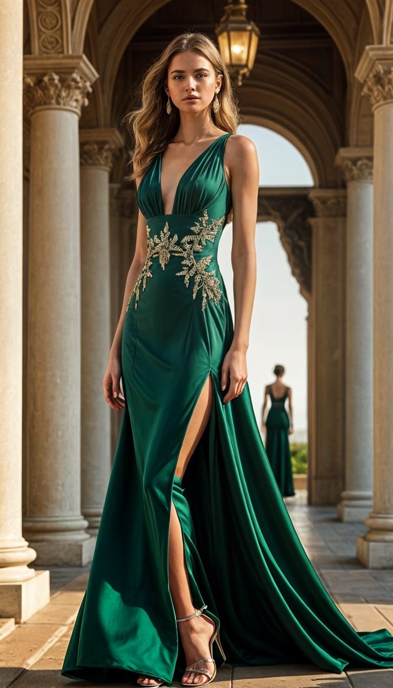 Glamorous Woman in Elegant Green Dress