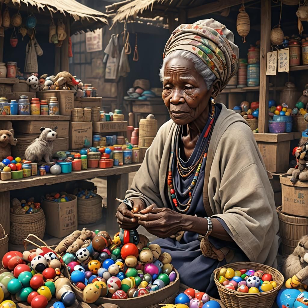 African Woman Toy Vendor in Anime Style