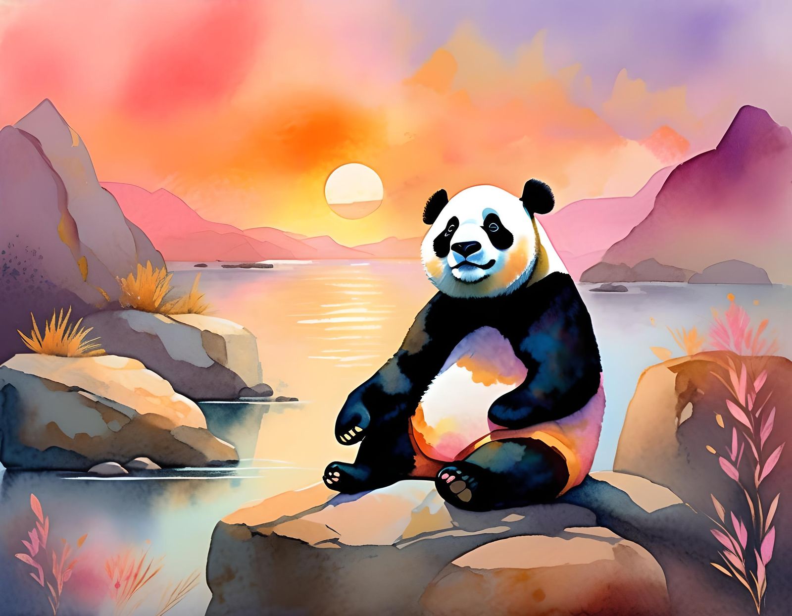 Pixar Panda Meditation at Sunset in Watercolor Style