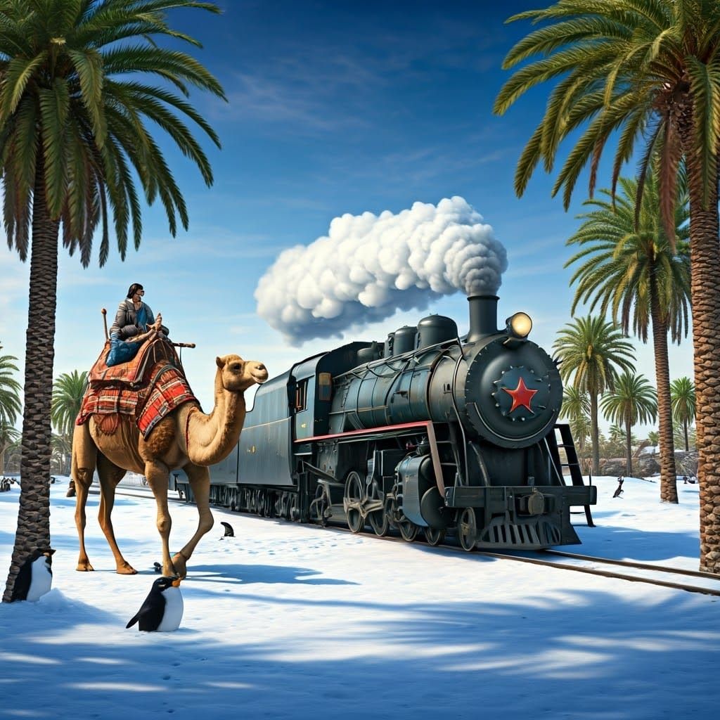 Surreal Oasis Scene with Camel Caravan and Penguins