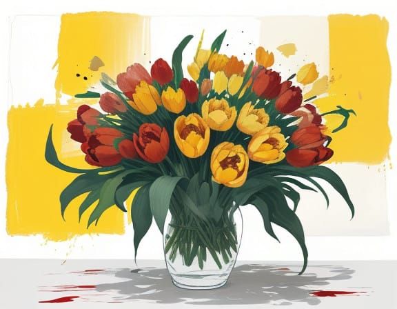 Expressive Tulips in Vibrant Inks and Abstract Background