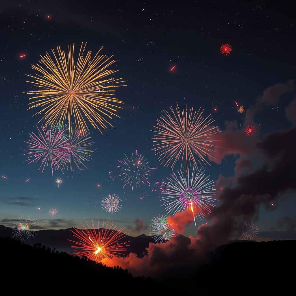 Fireworks Light Up Dragon Sky in Dreamlike Style