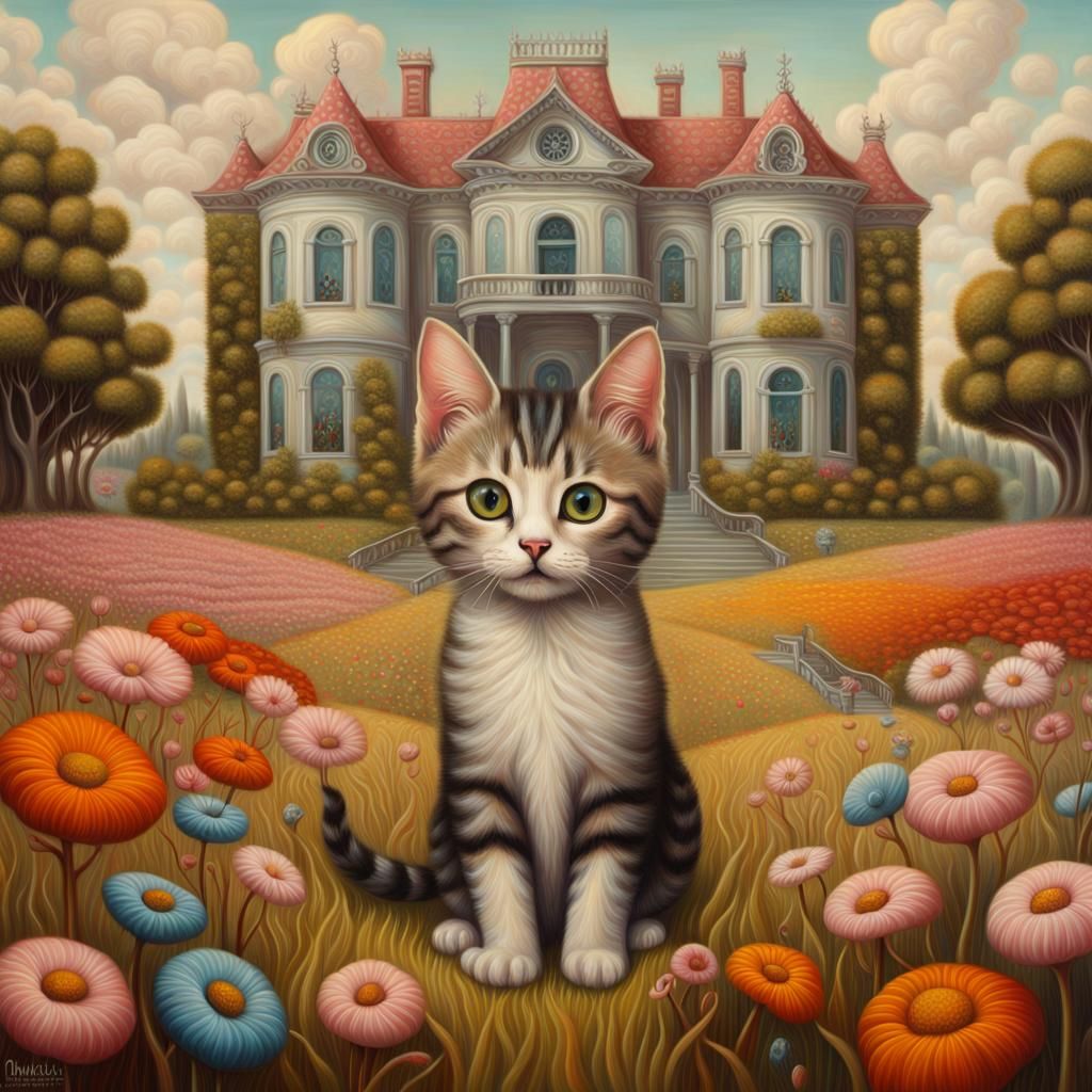 Surreal Oil Painting: Kitten in Surreal Field
