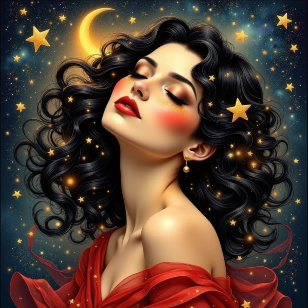 Ethereal Woman with Starry Hair in Cosmic Dreamscape