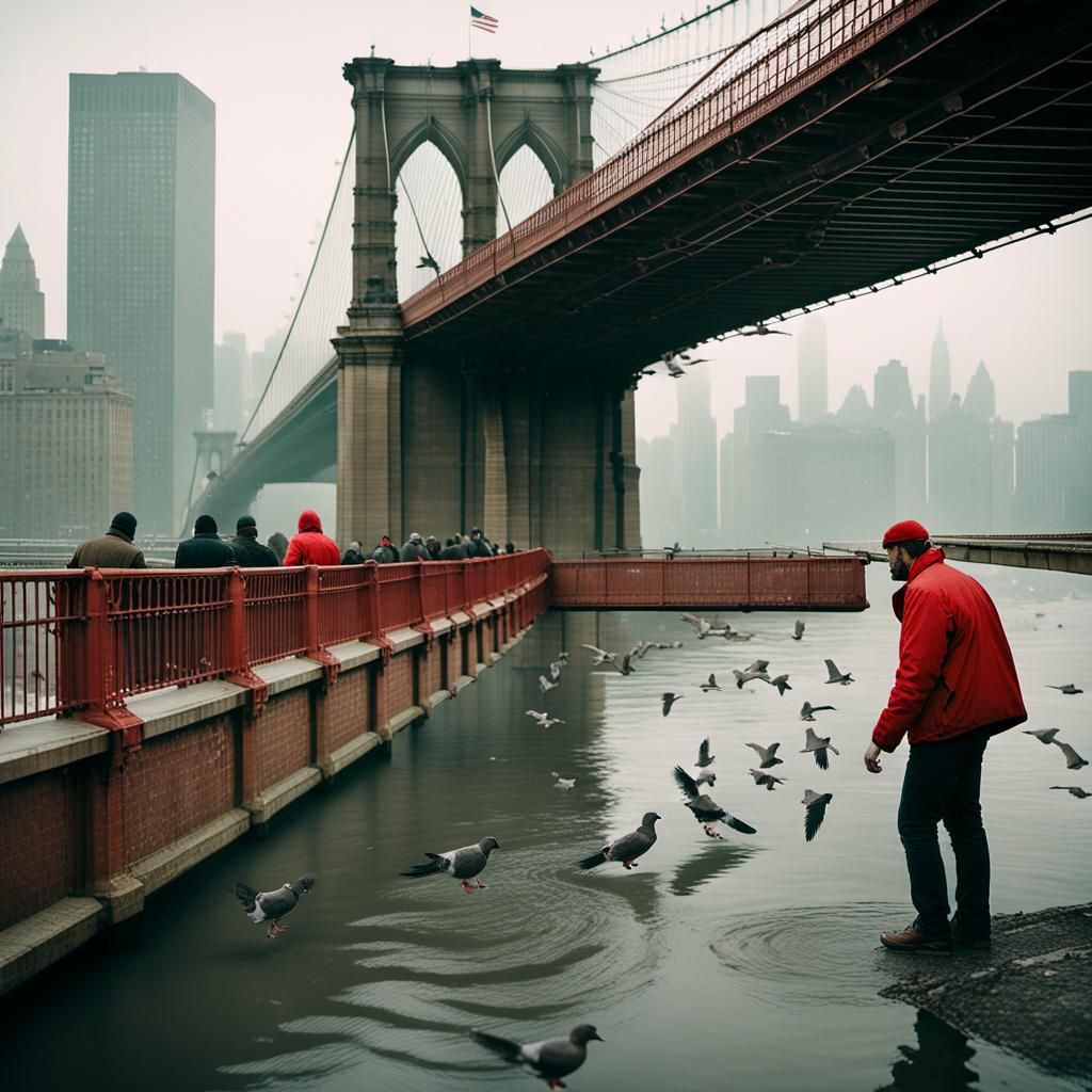 Dramatic Scene on Brooklyn Bridge in Cinematic Style