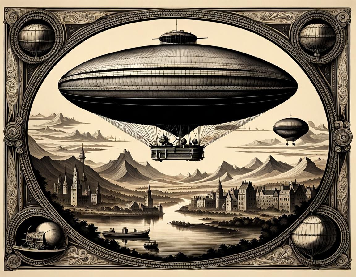 Vintage Airship Illustration in Lithograph Style
