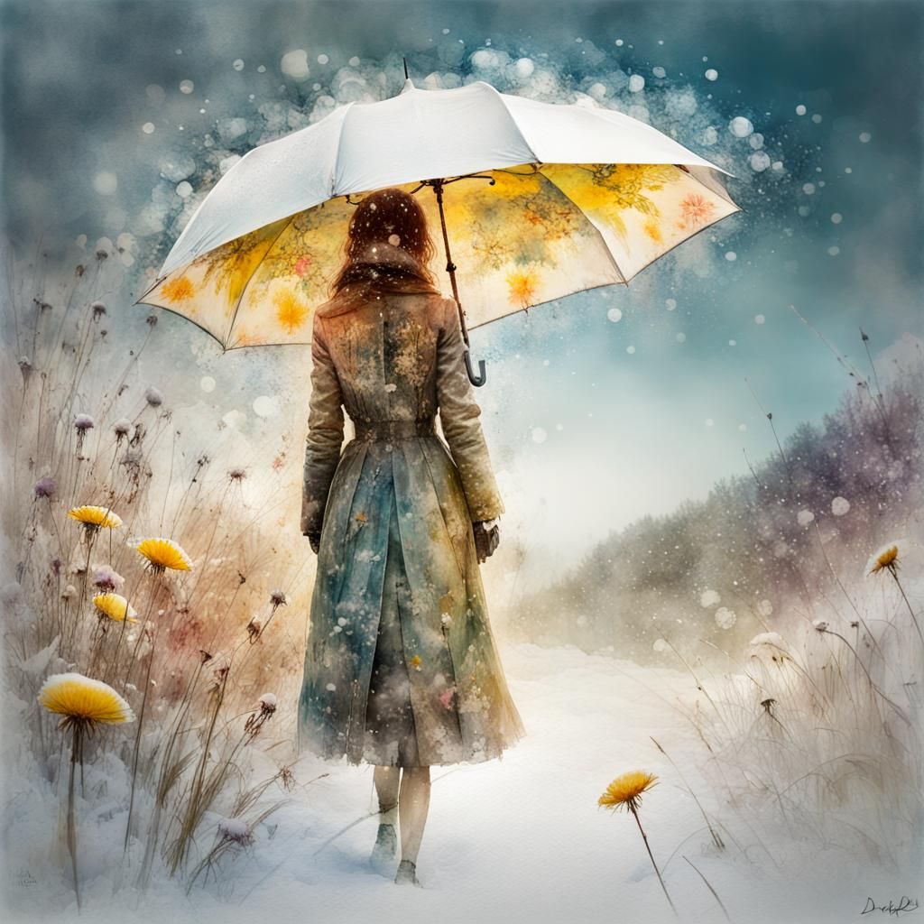 Watercolor Umbrella and Meadow Double Exposure