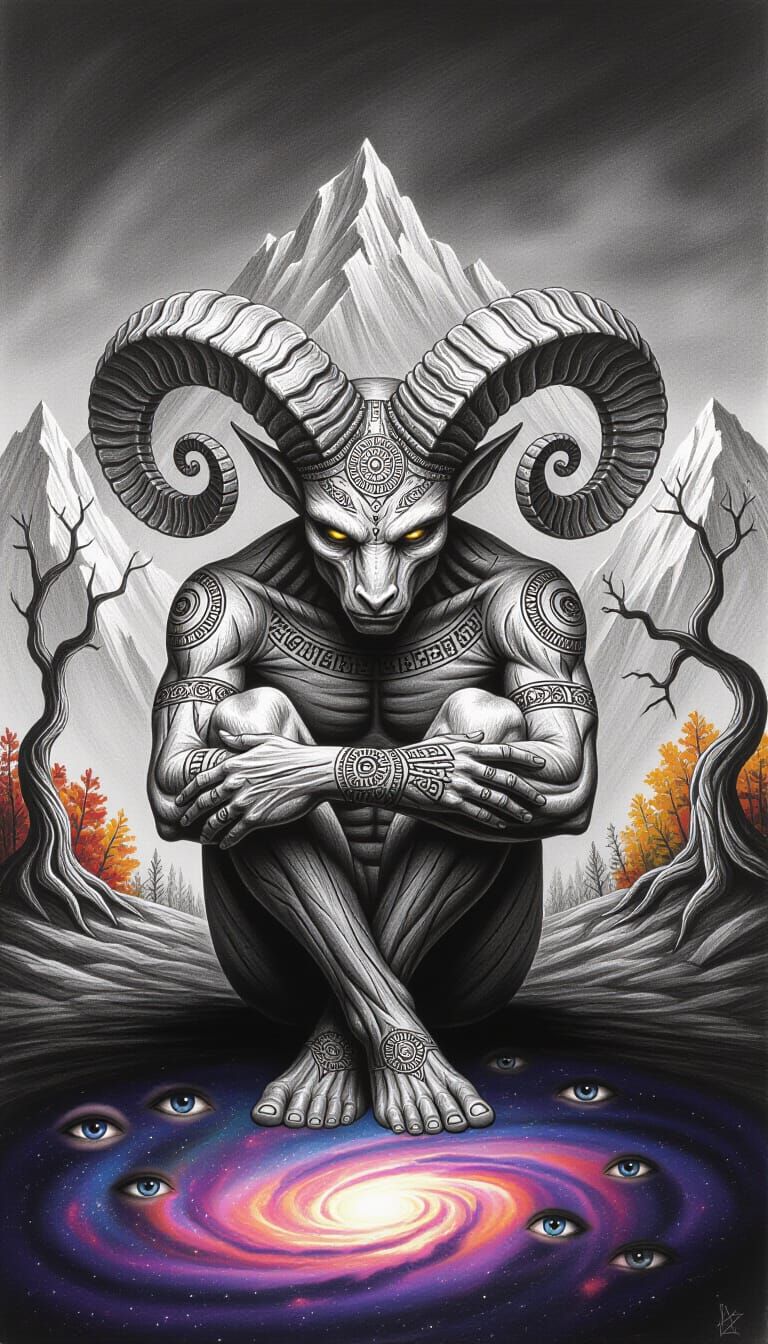 Mythical Bark-Skinned Creature in Charcoal Drawing Style