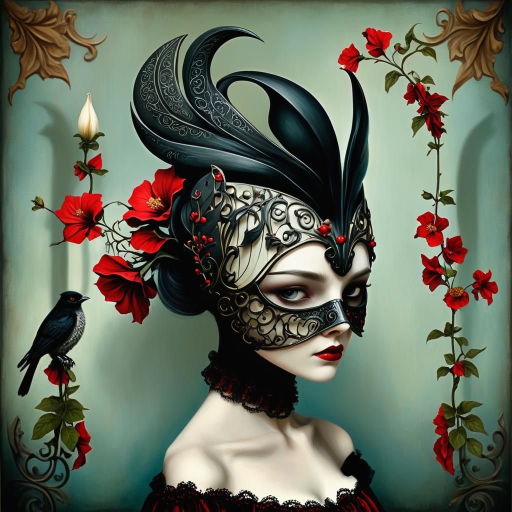 Elegant Woman in Bird Mask, Gothic Portrait