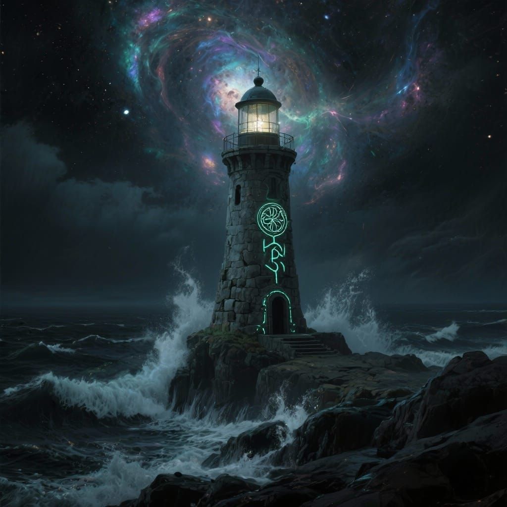 Ancient Lighthouse in Cosmic Storm, Dark Surrealism Style