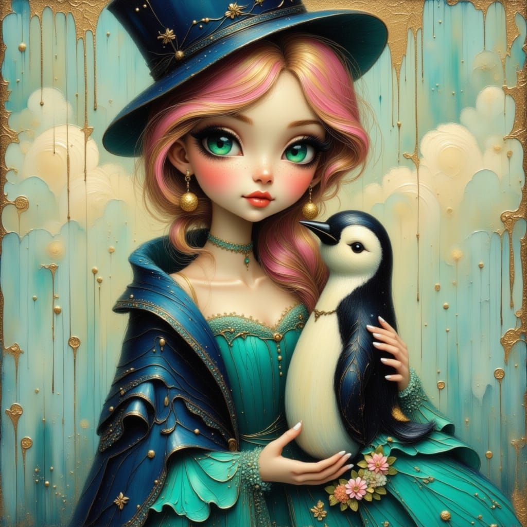 Elegant Woman with Blonde-Pink Hair Holding a Penguin