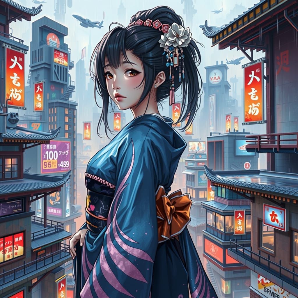 Geisha on Futuristic Rooftop at Dusk