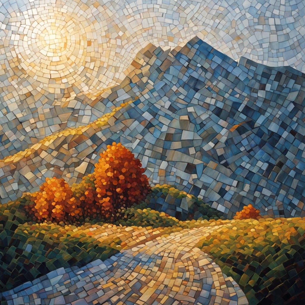 Intricate Mosaic Landscape Painting with Earthen Tones