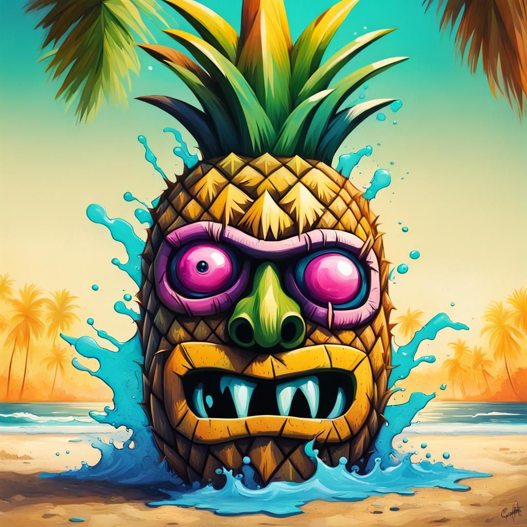 Pineapple Monster on Tropical Beach in Graffiti Art