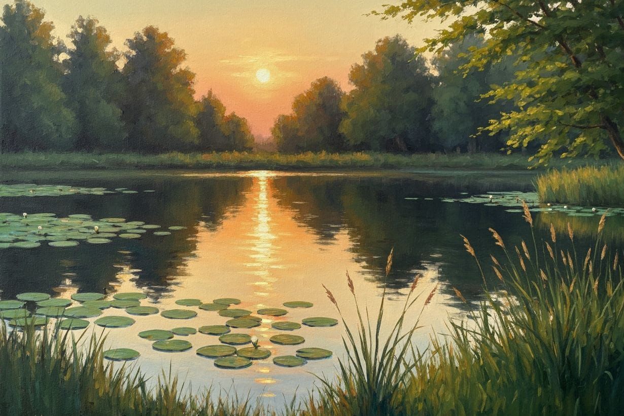 Peaceful Lake Sunset Painting in Impressionist Style