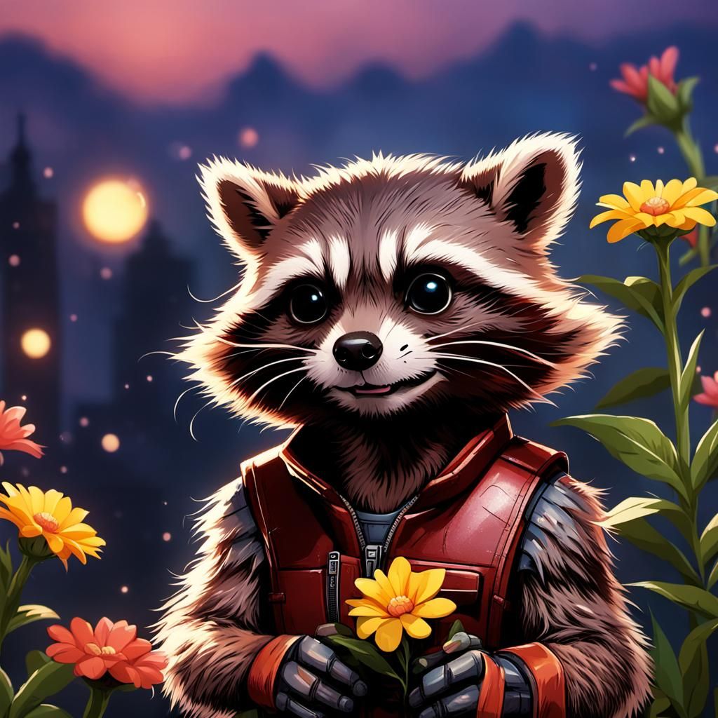 Rocket Raccoon with Flower at Evening