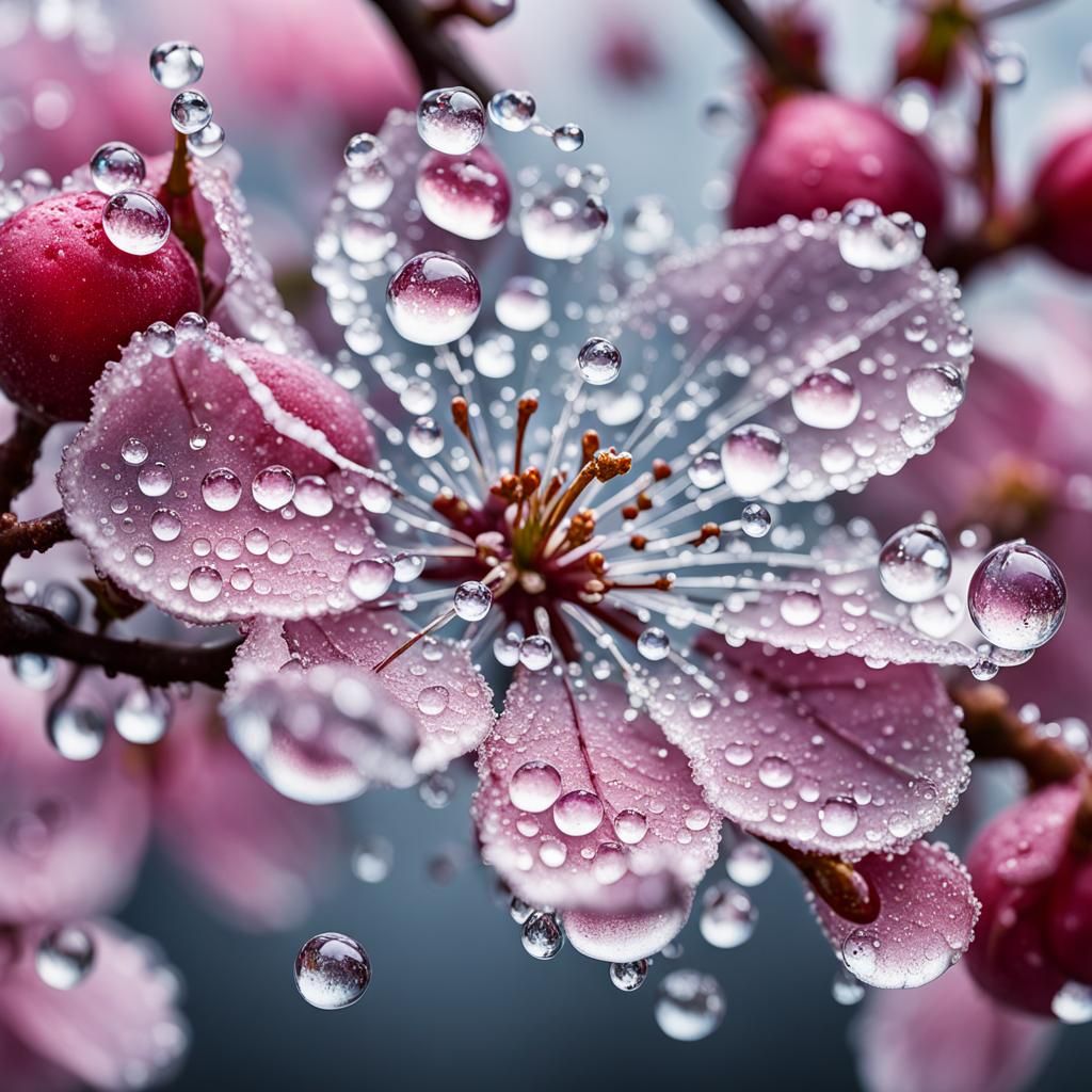 Crystalline Dew Drops on Cherry Blossom
