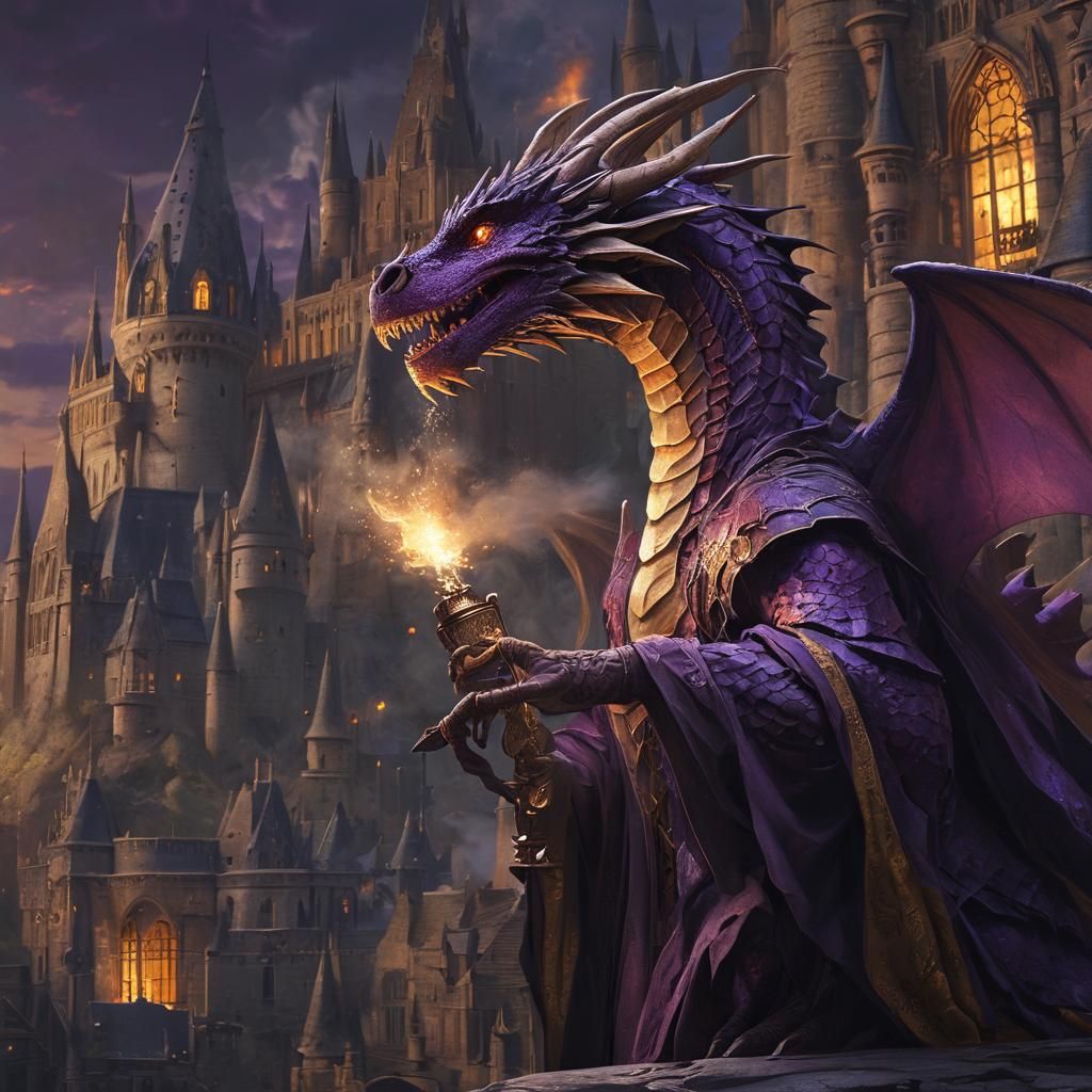 Dragon and Harry Potter at Hogwarts, Fantasy Art