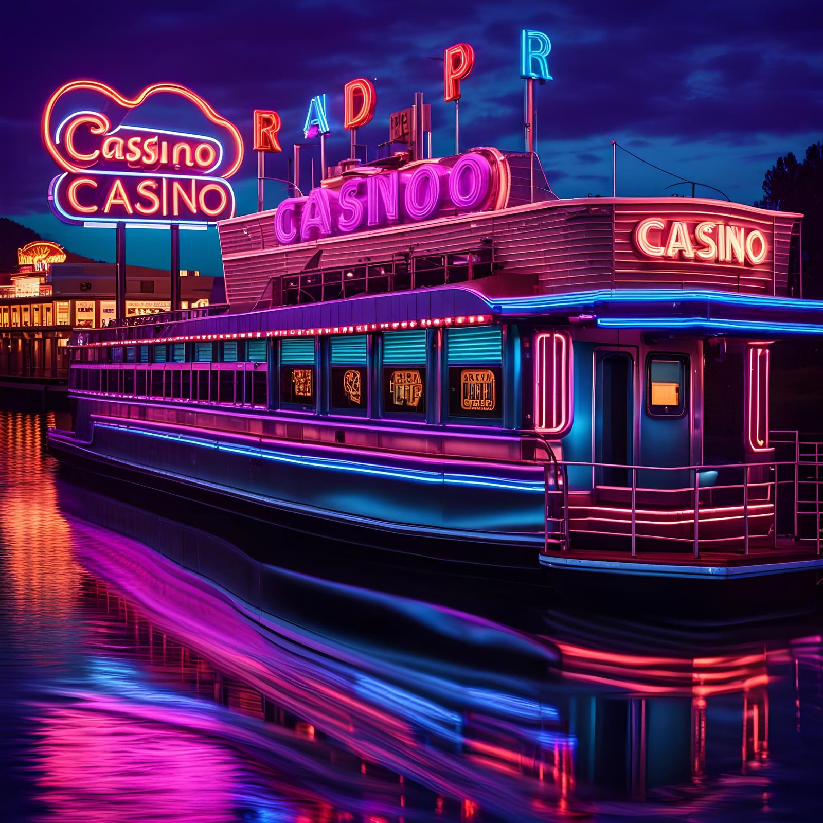 Riverboat Casino Fluorescent Sign in Hyperrealistic Style