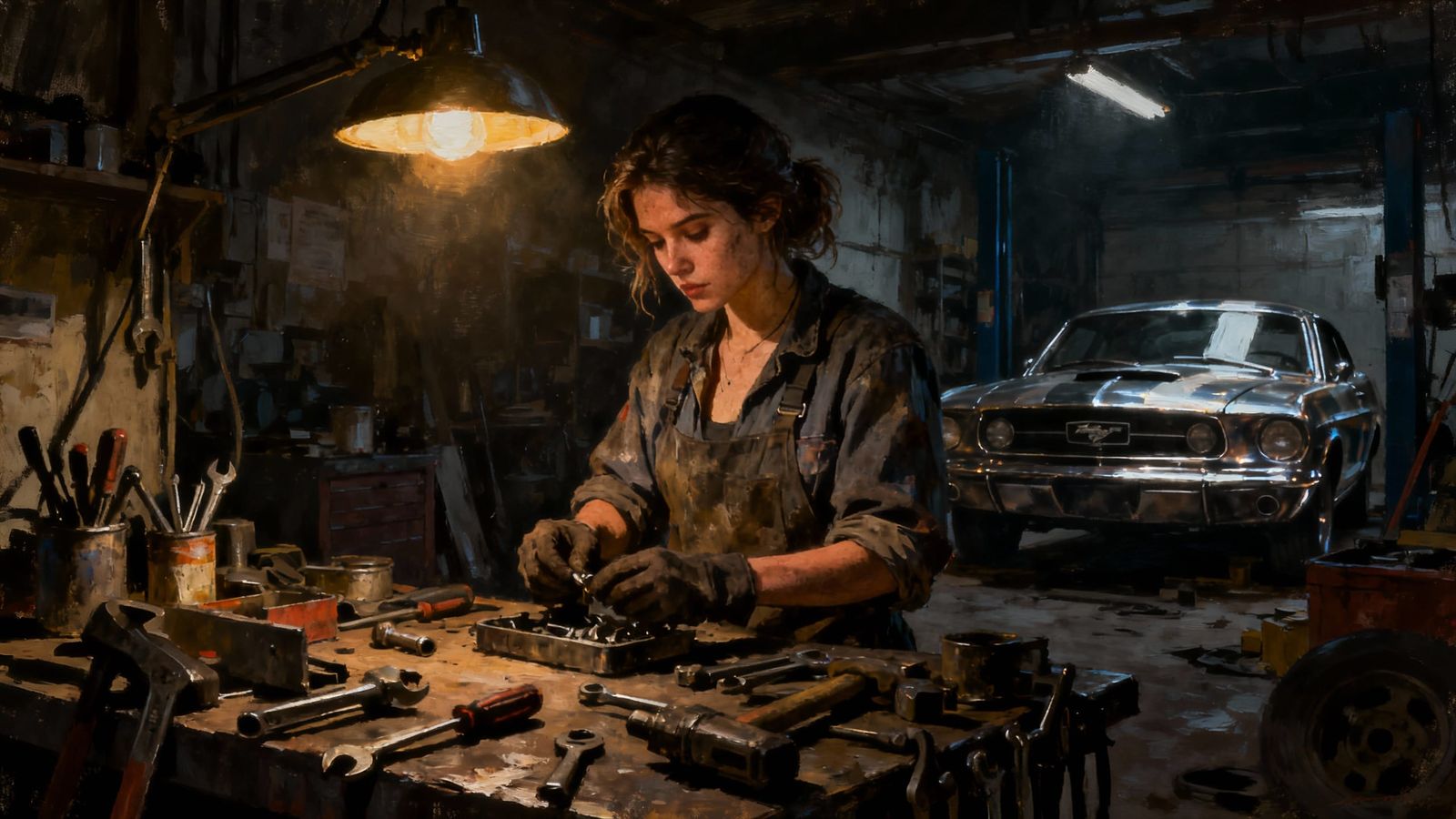 Mechanic's Late Night Work in Film Noir Style