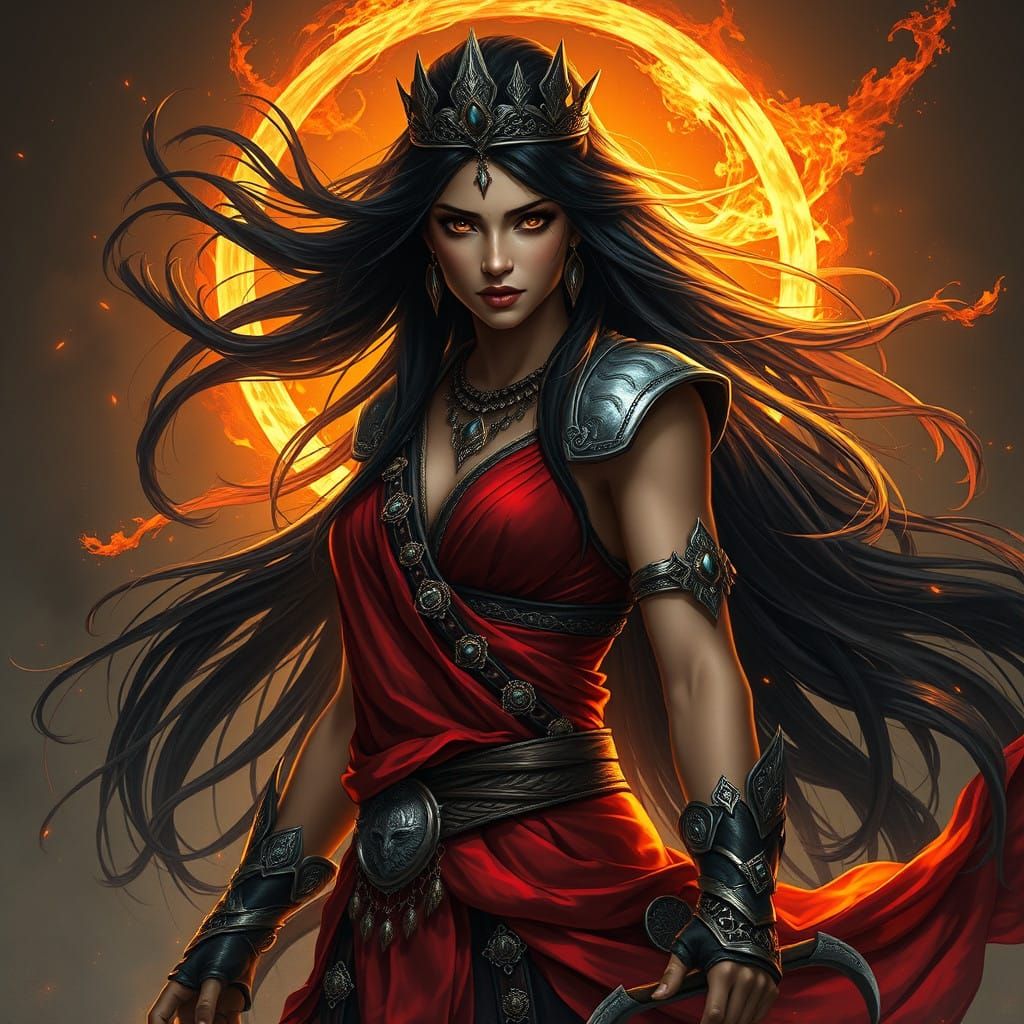 Regal Warrior Queen in Fiery Red and Gold, Radiant and Power...