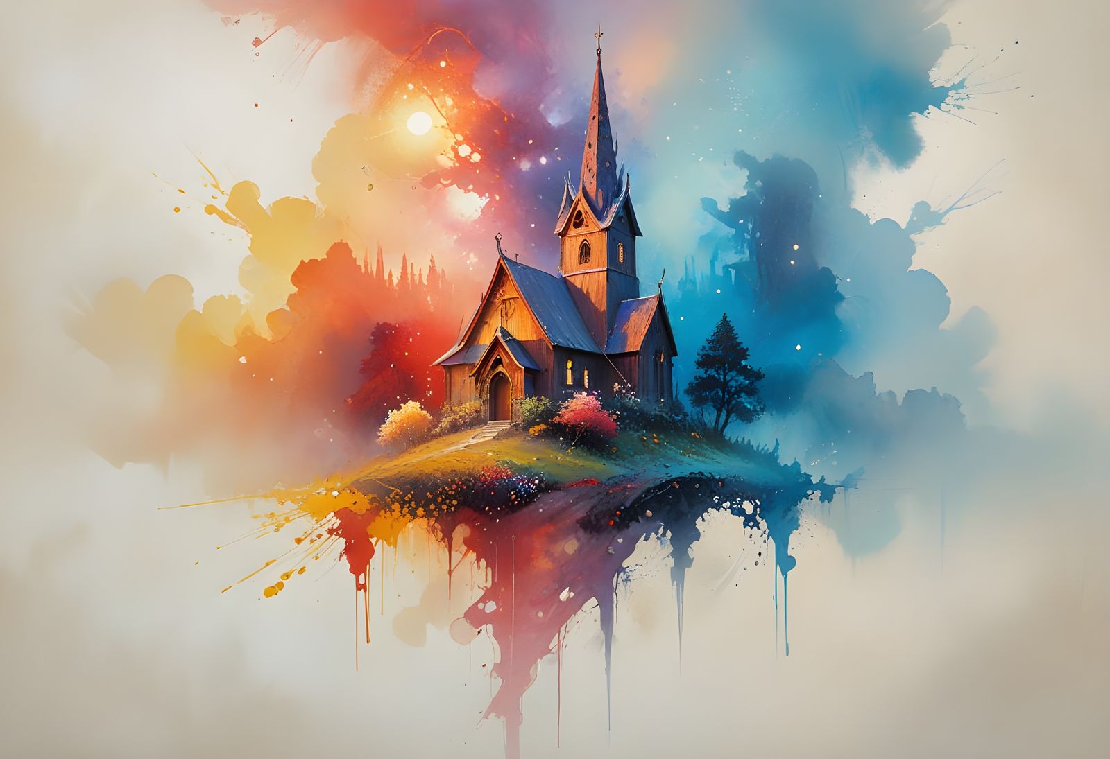 Vibrant Stave Church in Foggy Bloom