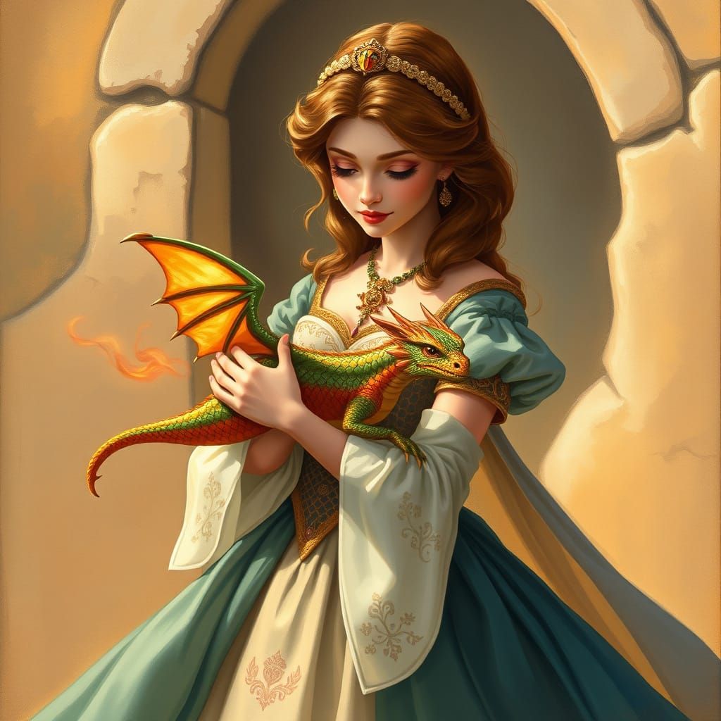 Princess and Dragon in Whimsical Italian Renaissance Scene
