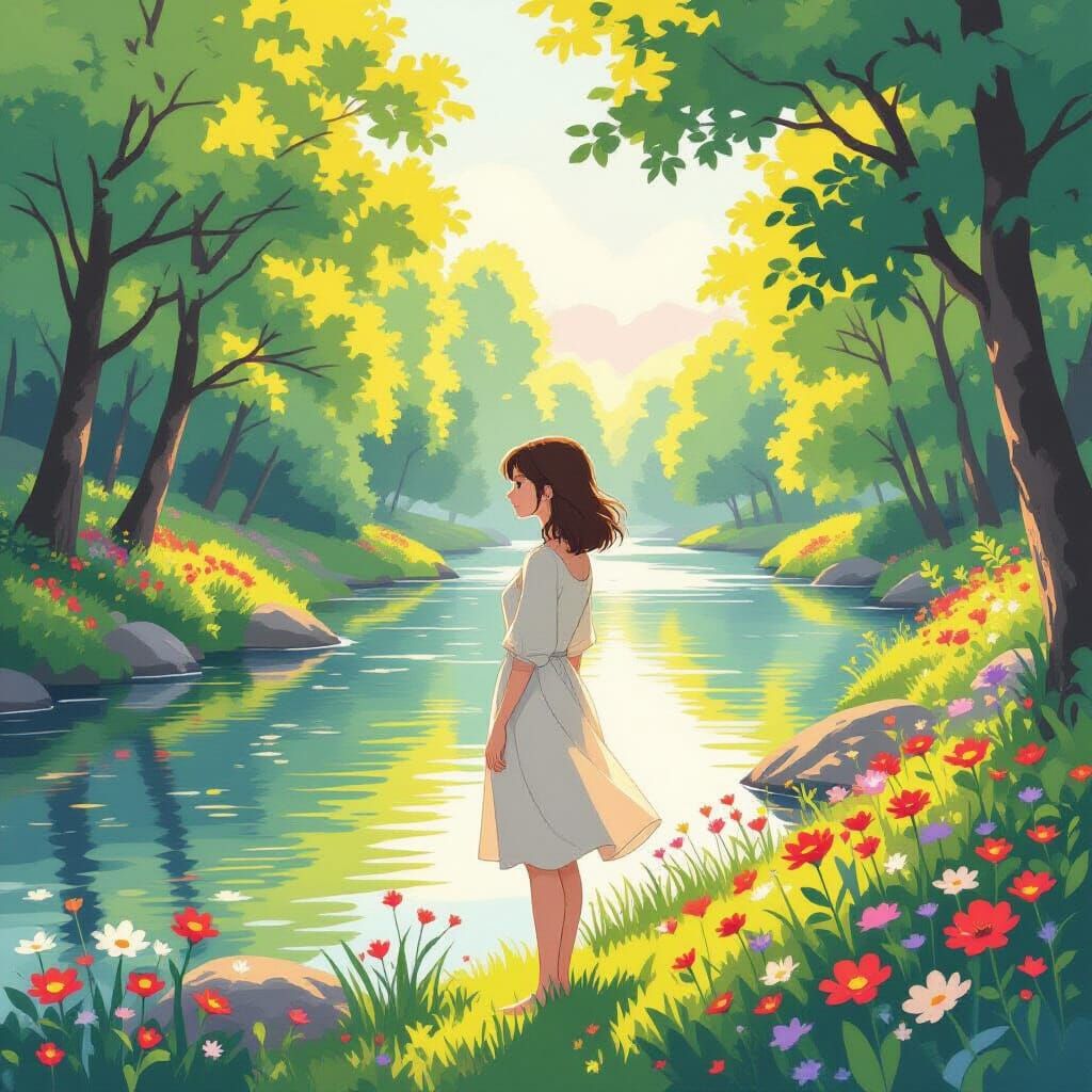 Serene Woman by River in Watercolor Style