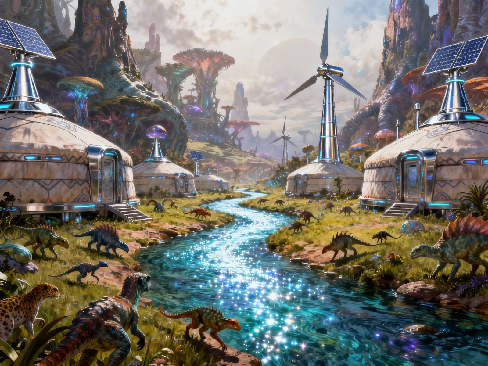 Fantasy Alien Planet Landscape with High-Tech Yurts