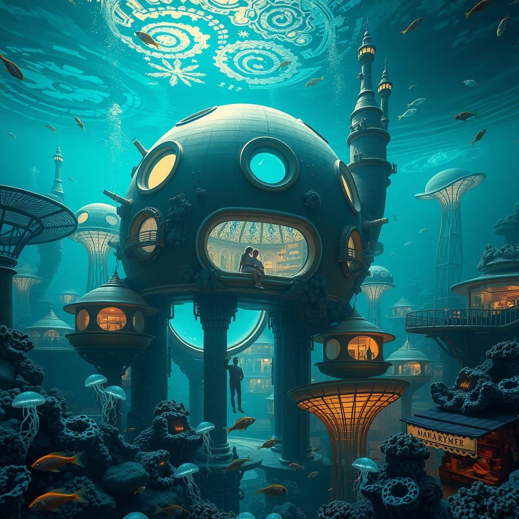 Underwater Cityscape in Bioluminescent Reef