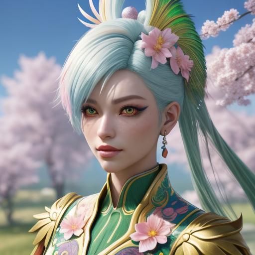 Anime Portrait: Silver-Skinned Woman with Feathers