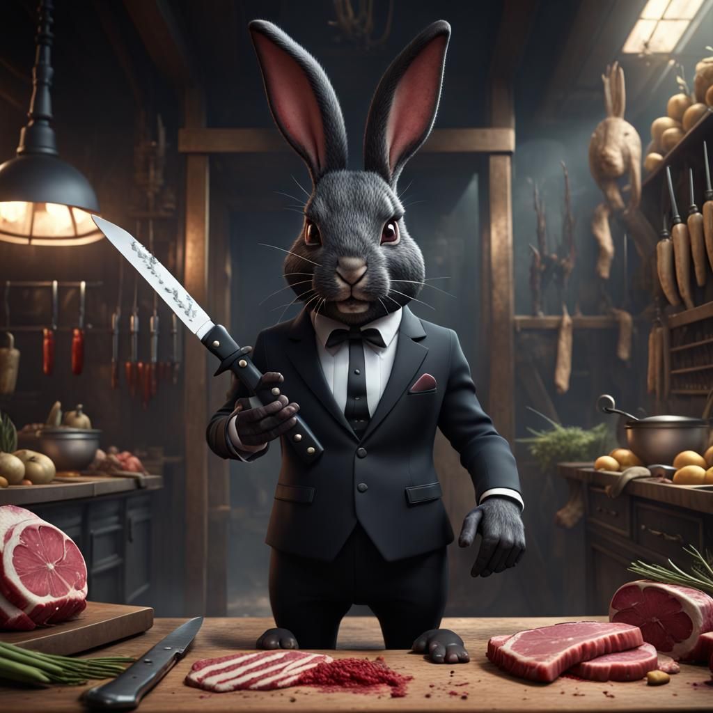 Sinister Black Bunny with Butcher Knife: Detailed Matte Pain...