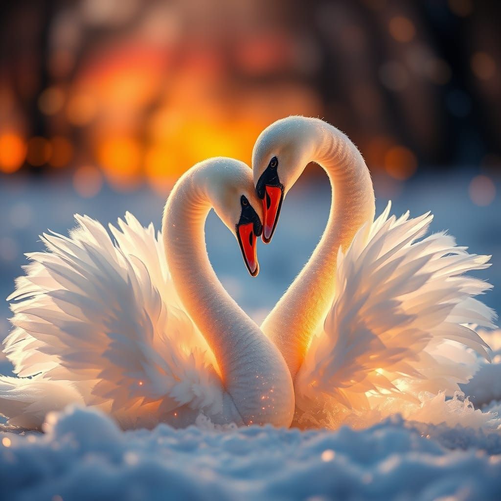 Ethereal Snow Swan Couple in Vibrant Klimt-Inspired Dream