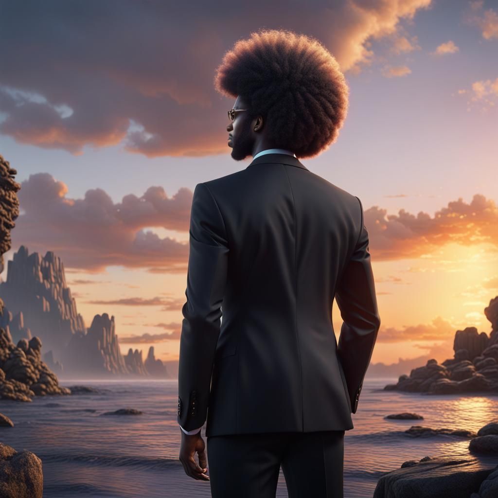 Black Man in Suit Watching Sunset: Detailed Matte Painting