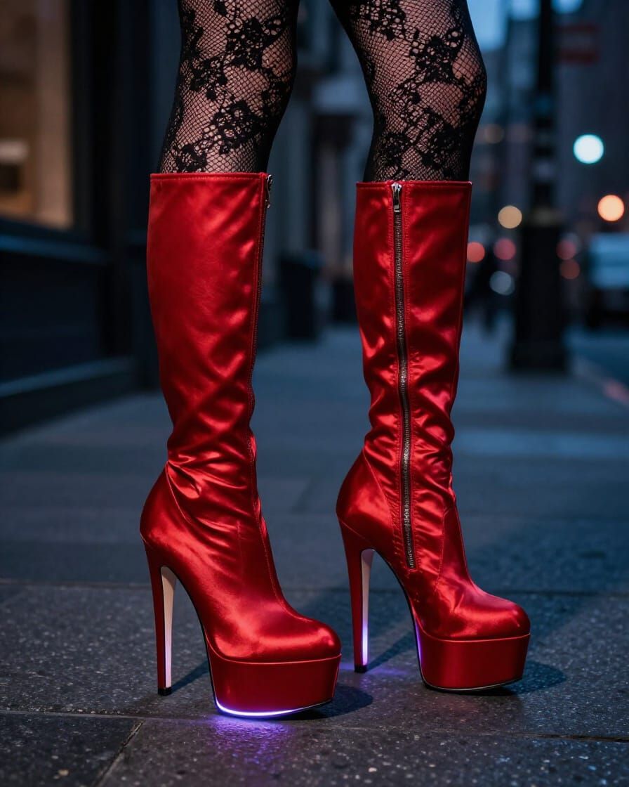 Red Satin Stiletto Boots on Neon City Street