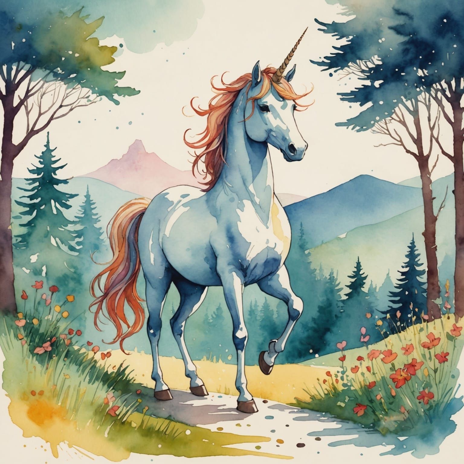 Watercolor Unicorn Inspired by Children's Book Art