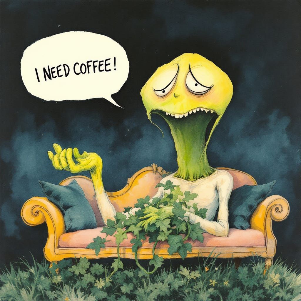 Surreal Plant's Coffee Plea: A Book Illustration