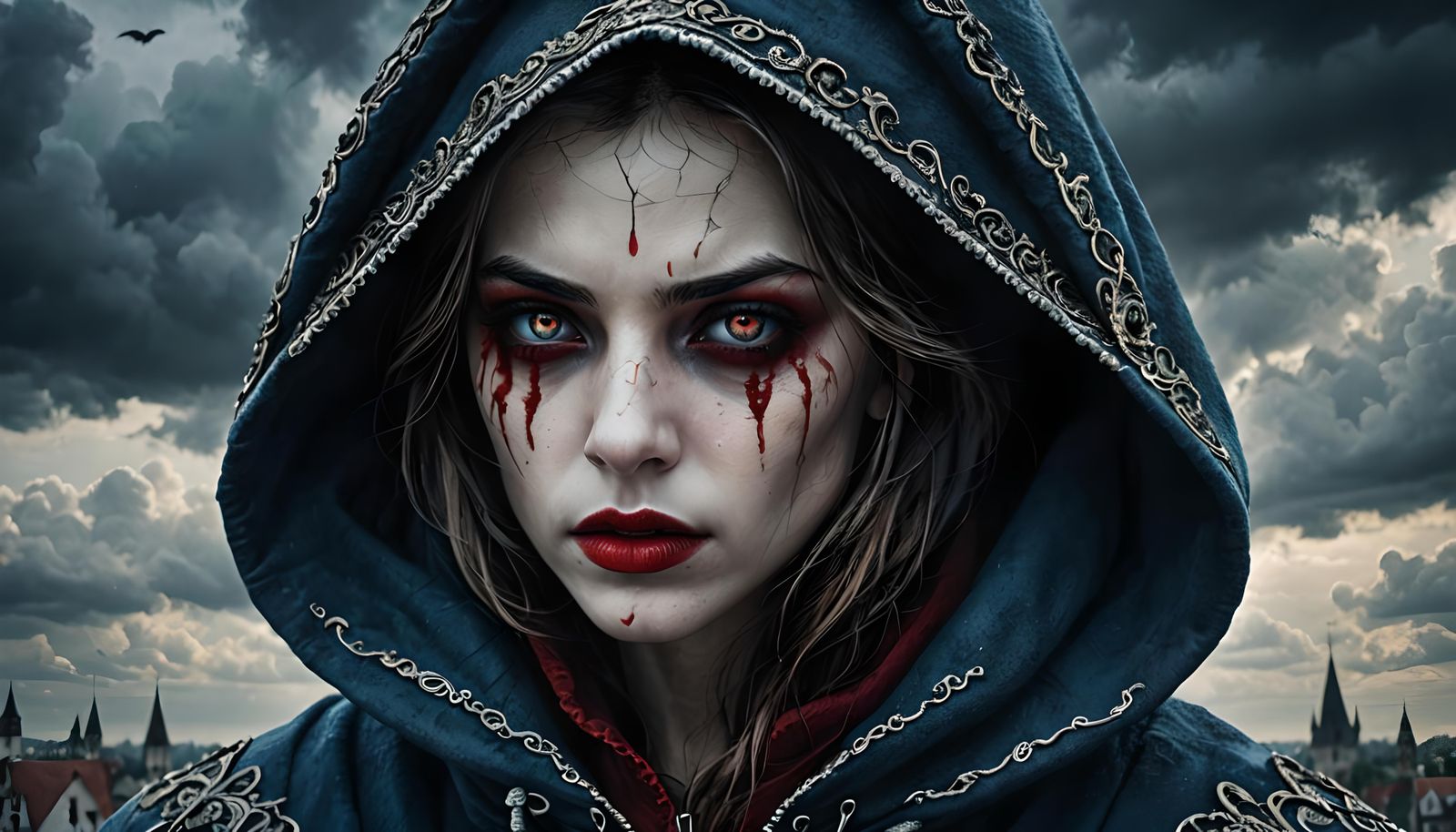 Blue Hooded Woman's Vampire Transformation: Hyperrealistic D...