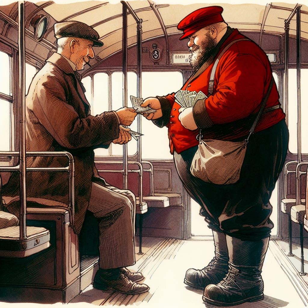Merchant on Omnibus in Early 20th Century Illustration Style