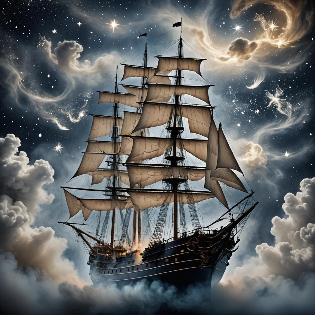 Ethereal Ghost Ship Soaring Through Starry Night