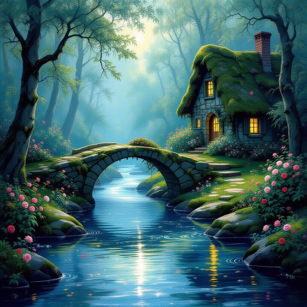 Ethereal River Through Mystical Forest, Impressionistic Styl...