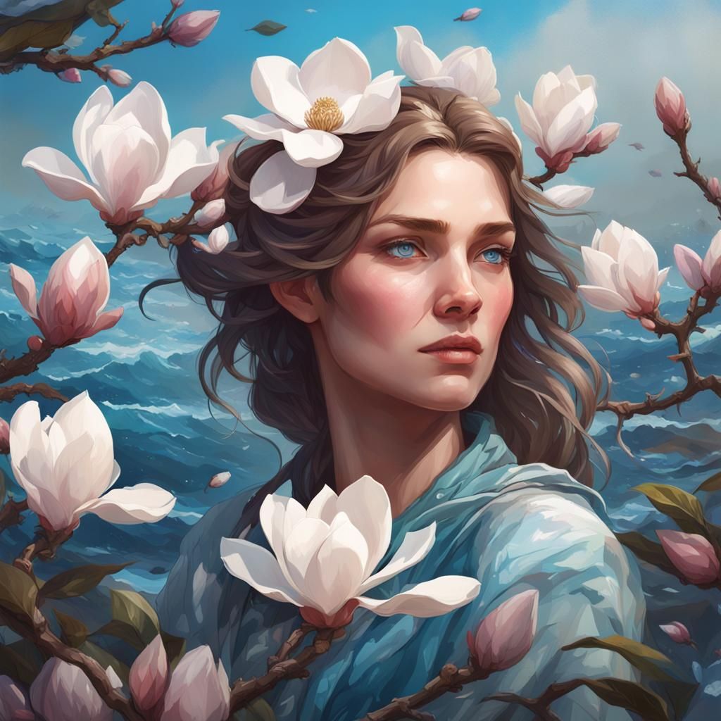 Woman with Blue Eyes and Magnolia Seascape