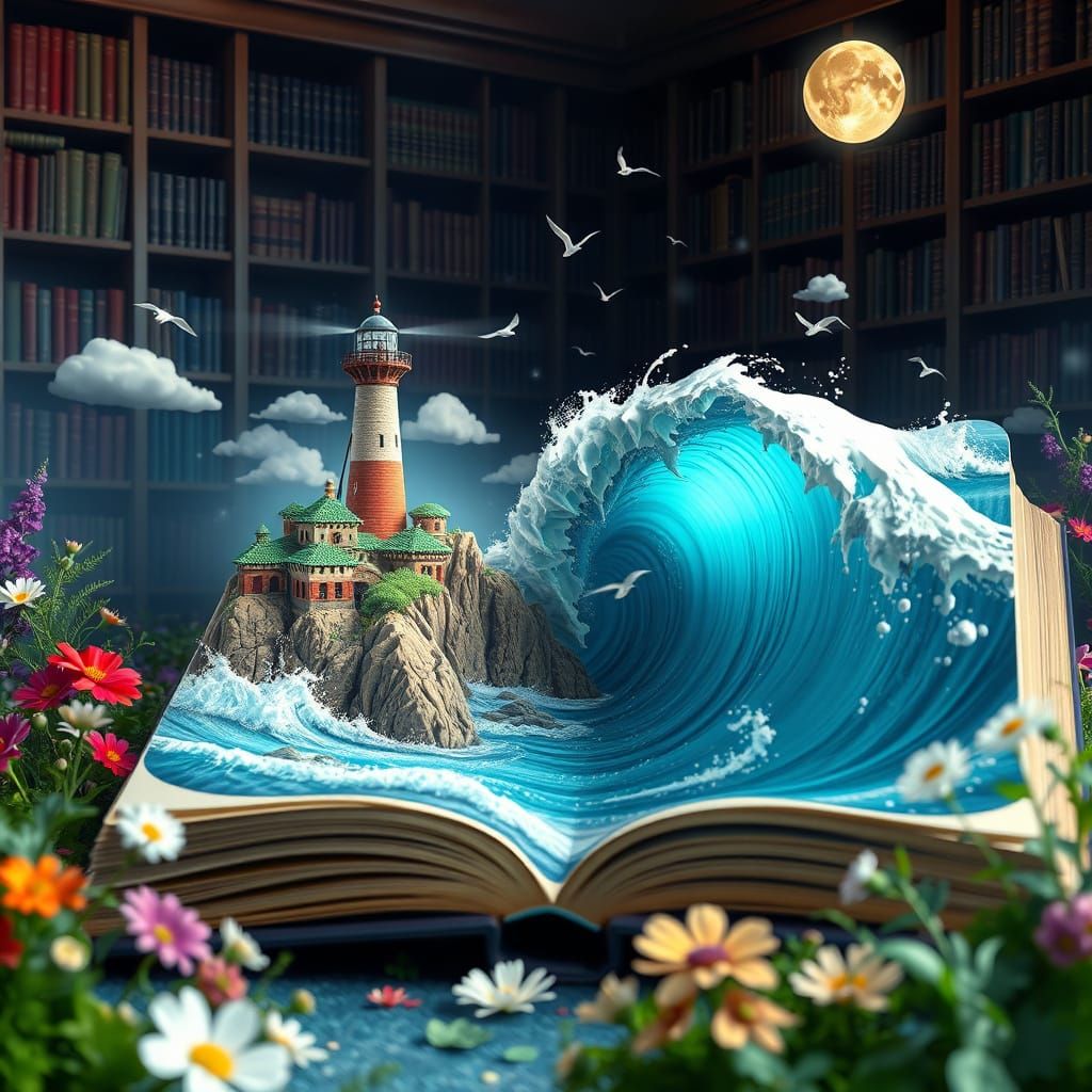 Ocean Landscape Emerging from Book, Surreal 3D Scene