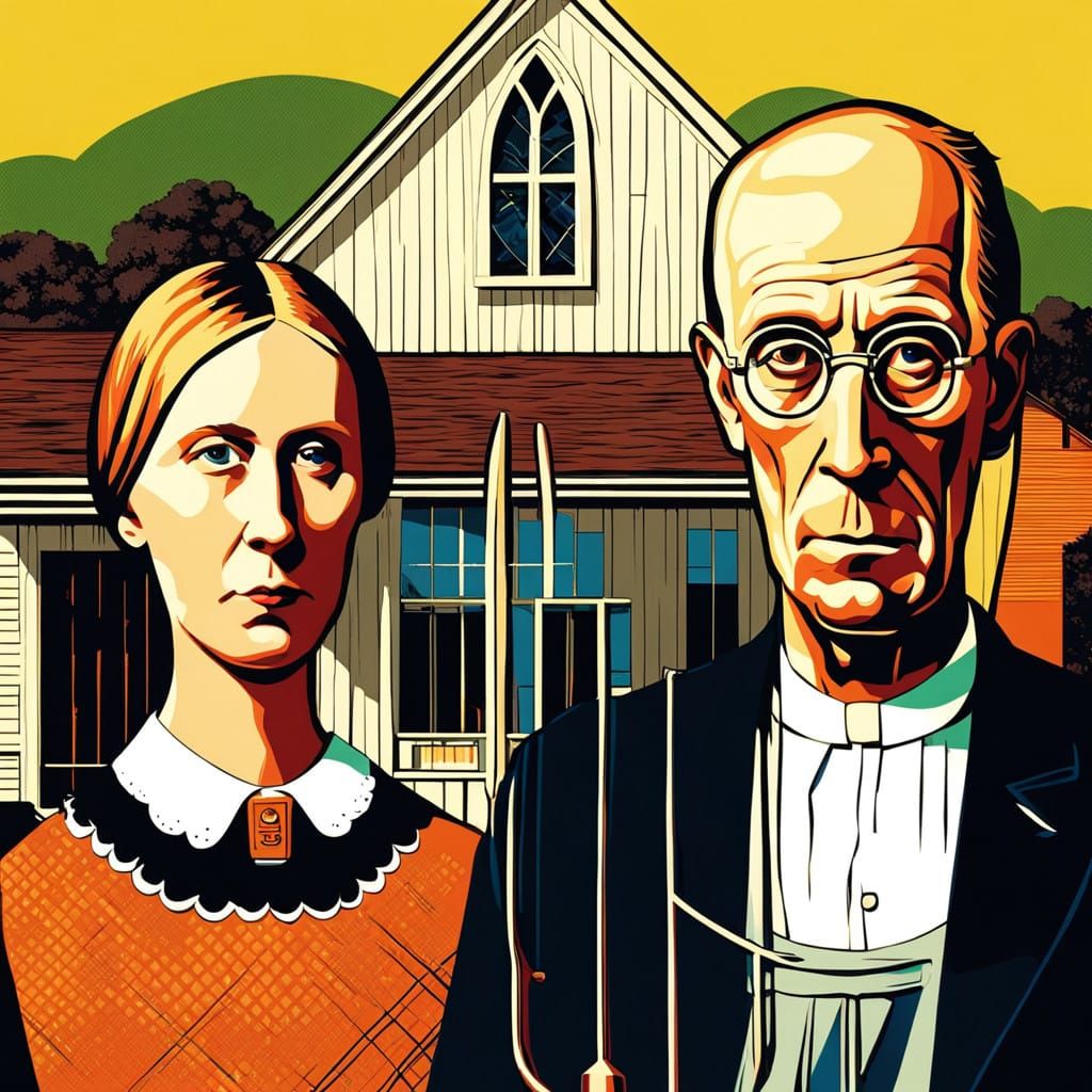 Pop Art Revival of American Gothic in Futuristic Barn